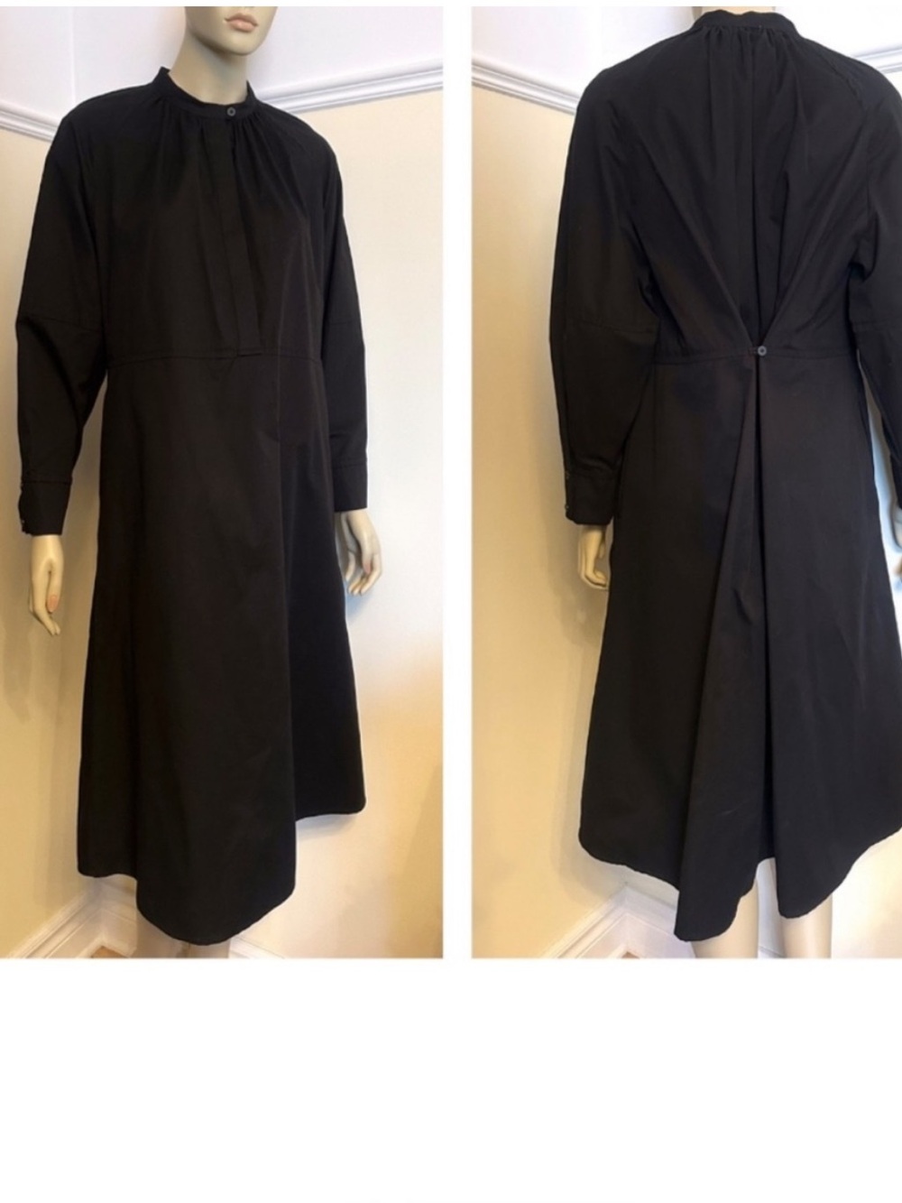 COS Black Collarless Long-Sleeve Button-Front Shirt Dress